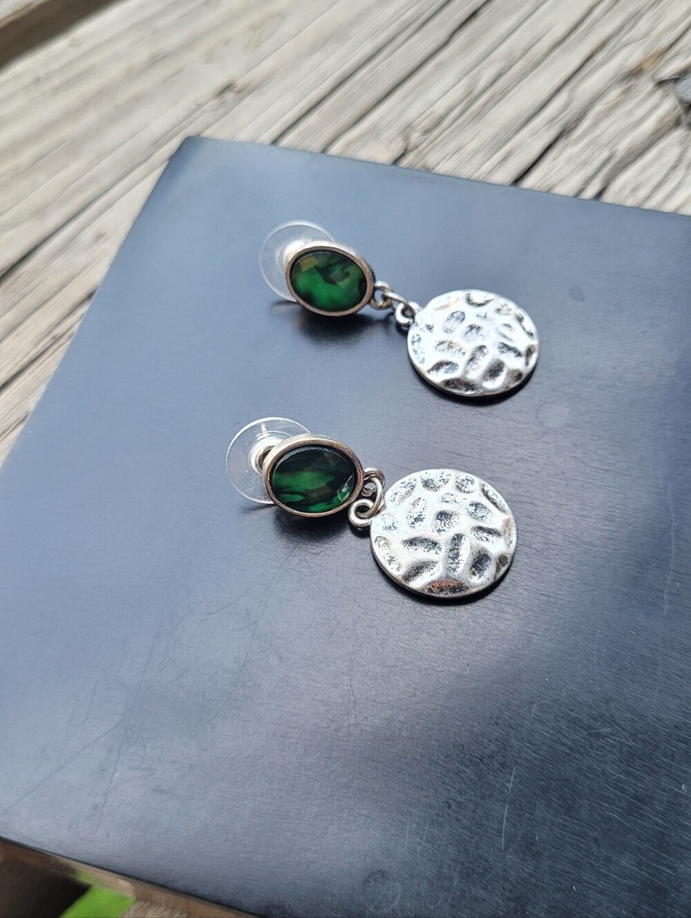 Green Oval Dangle Earrings with Hammered Metal Silver Disc